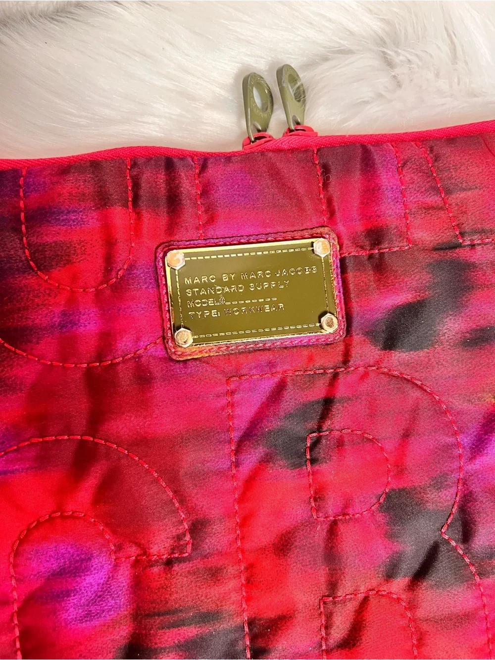 Marc by Marc Jacobs Quilted Red and Fuchsia Laptop Sleeve with Gold Plaque